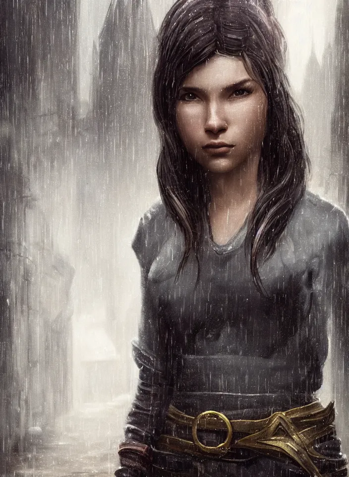 Image similar to a closeup portrait of an young woman from skyrim standing in an alleyway whilst raining, fantasy setting, city environment, serene colors, soft lighting, atmospheric, cinematic, moody, in the style of diego koi, gina heyer, luiz escanuela, art by alyssa monk, depth, hyperrealism, rule of thirds, golden ratio, oil on canvas, 8 k