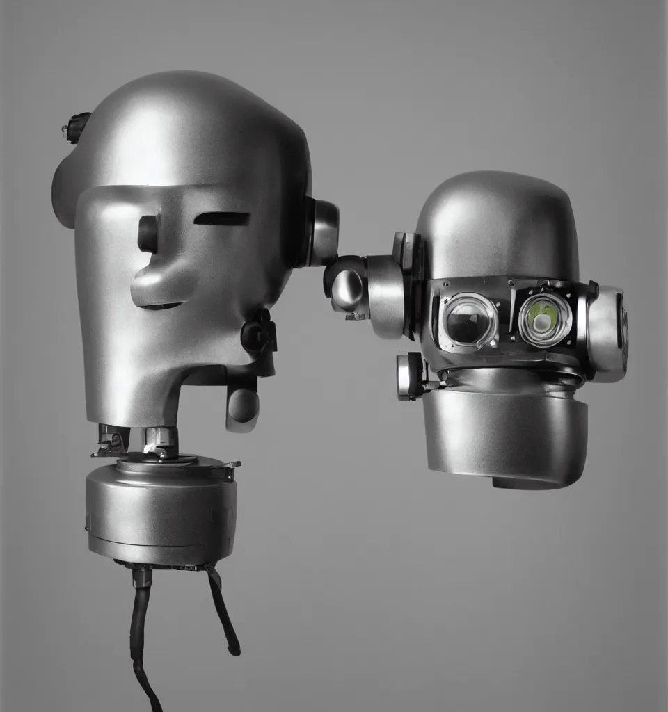 Image similar to an 80's studio portrait photo of a robot head designed by Dieter Rams, 50mm, pentax, film