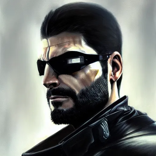 Image similar to ultra realistic portrait painting of adam jensen from deus ex, art by frank frazetta, 4 k, ultra realistic, highly detailed, epic lighting