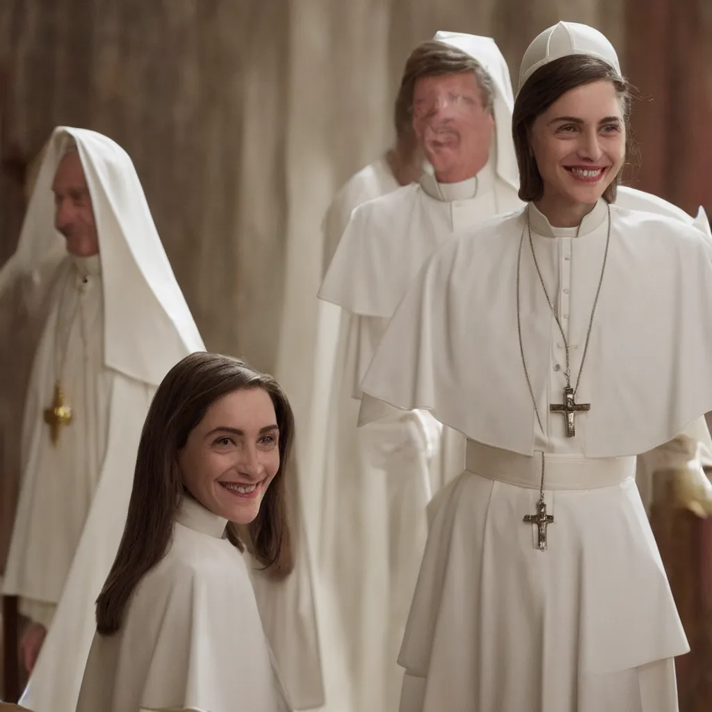 Prompt: a female young pope, seductive smile