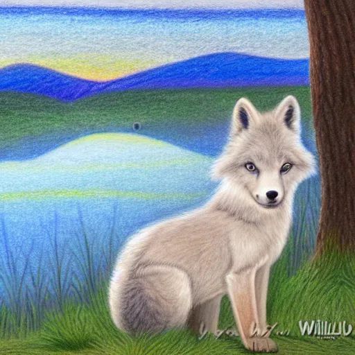 Image similar to rear view of fluffy baby grey wolf sitting on the shore of a pond looking out at the sunset, colored pencil on white background by eloise wilkin