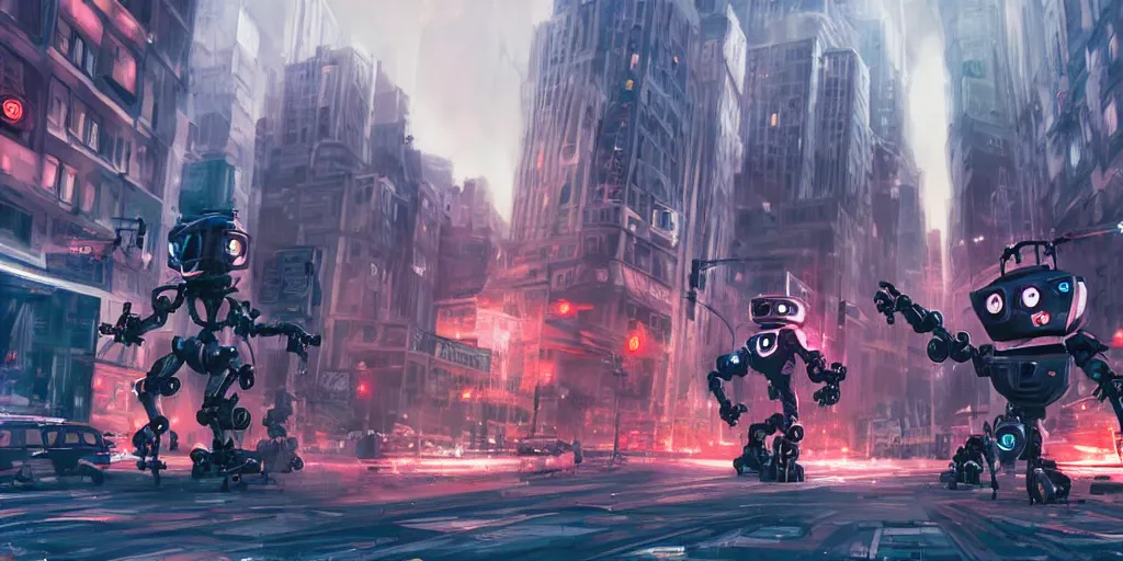 Image similar to evil robots taking over the city, cinematic, concept art, action poses