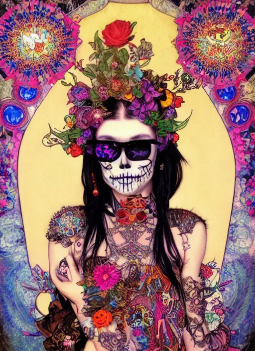 Prompt: cute punk goth fashion fractal Día de los Muertos tattooed hippy girl wearing sunglasses posing by Zhang Jingna, psychedelic poster art of by Victor Moscoso Rick Griffin Alphonse Mucha Gustav Klimt Ayami Kojima Amano Charlie Bowater, masterpiece