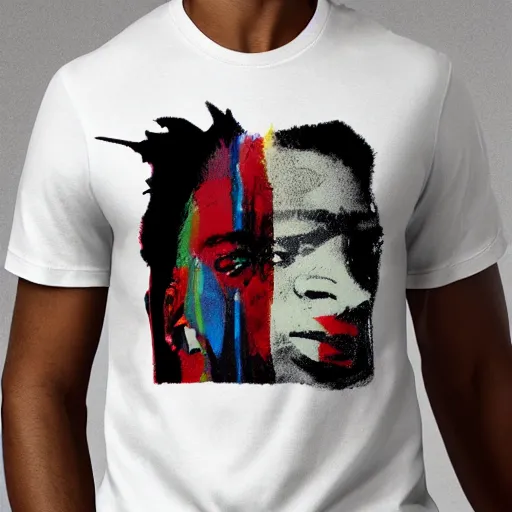 Prompt: t - shirt mockup, 3 d, hyper - realistic, basquiat style print, black boy white hair, rio de janeiro favela