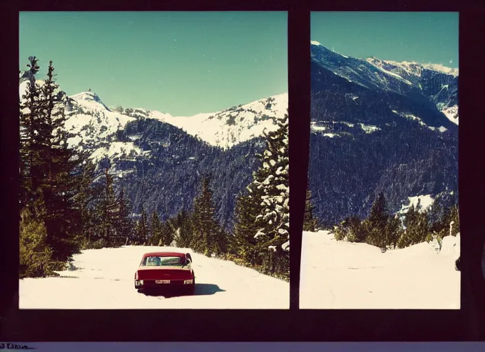 Image similar to A very high resolution image from a new movie, landscape from a car window , mountains, snowy, snowy mountains, Polaroid, directed by wes anderson