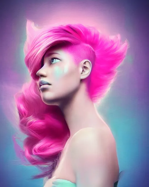 Image similar to a digital art of a dramatic lighting beautiful young woman with cotton candy hair. with a little bit of cyan and pink