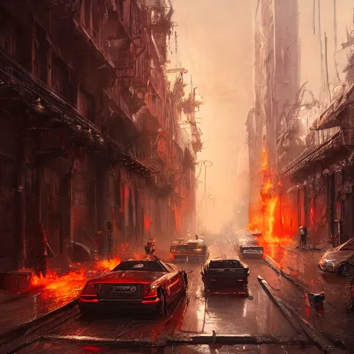 Prompt: apocalyptic city street, cars on fire highly detailed, illustration, fantasy art, in the style of greg rutkowski, epic, fantasy, intricate, hyper detailed, artstation, concept art, smooth, sharp focus, ray tracing