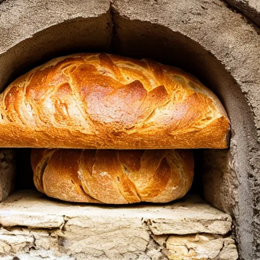 Prompt: Bread inside a traditional oven