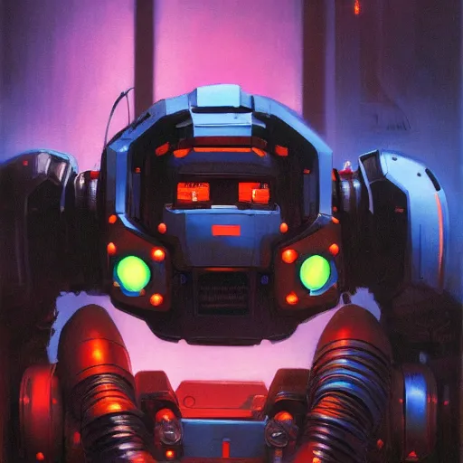 Image similar to a dark and colorful close - up of a sci - fi mecha robot with led lights glowing fog in the background. highly detailed science fiction painting by norman rockwell, frank frazetta, and syd mead. rich colors, high contrast, gloomy atmosphere, dark background. trending on artstation