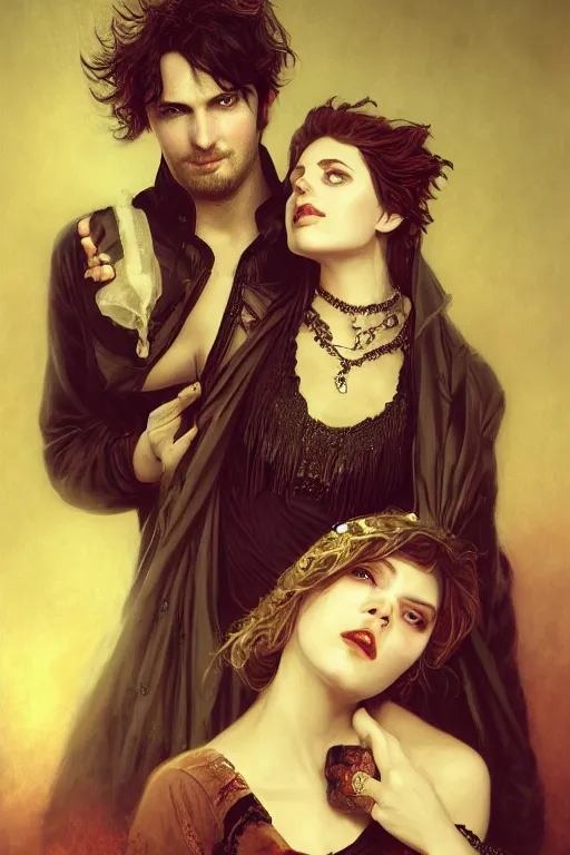 Prompt: a portrait of handsome young male rock star Satan and his elegant beautiful witch wife, bored, illustration, dramatic lighting, soft details, painting oil on canvas, art nouveau, octane render, HDR, 4k, 8k, HD, by Edmund Blair Leighton, Brom, Charlie Bowater, trending on artstation, faces by Tom Bagshaw, Sargent