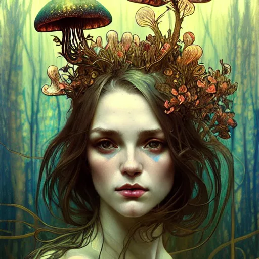 Image similar to Girl have a psychedelic experience, magic mushrooms, psilocybin, face, detailed, intricate, elegant, highly detailed, digital painting, artstation, concept art, smooth, sharp focus, illustration, art by Krenz Cushart and Artem Demura and alphonse mucha
