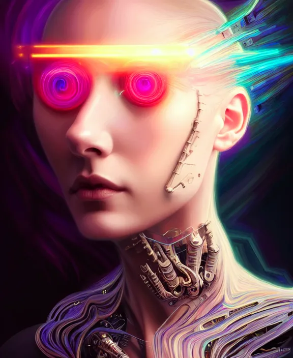 Image similar to a whirlwind of souls rushing inside the metaverse, hologram, half body, neurochip, shaved temple, piercing, jewelry, android, cyborg, cyberpunk face, by loish, d & d, fantasy, intricate, elegant, highly detailed, colorful, digital painting, artstation, concept art, art by artgerm and greg rutkowski and alphonse mucha