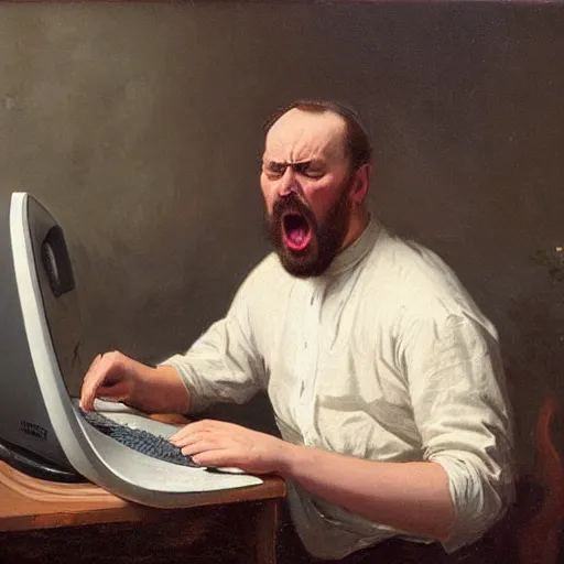 Image similar to an angry man yells at his computer monitor, oil on canvas, 1 8 8 3, highly detailed