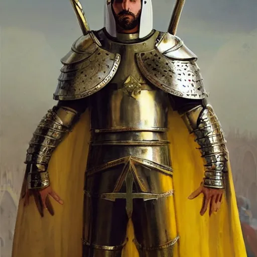 Prompt: man in decorated crusader armor, helmet and white cape with yellow kingdom of jerusalem emblem on it drawn by greg rutkowski realistic high detail