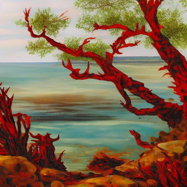 Image similar to bloody red lake with skull shaped pebbles on the shore surrounded by spikey trees, oil painting