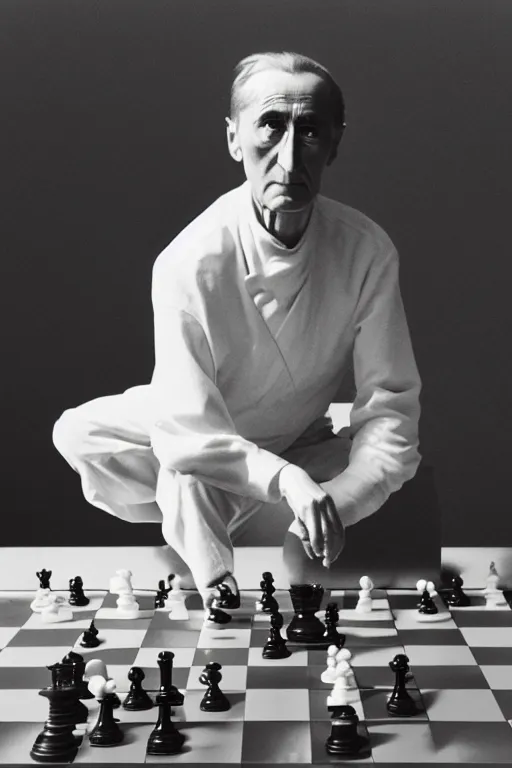 Image similar to a minimalist portrait of Marcel Duchamp connected to an ancient chess machine in the style of Irving Penn, Hito Steyerl, Shinya Tsukamoto, Saâdane Afif, Caravaggio, Pieter Hugo line drawing and 35mm film, wide angle, monochrome, futuristic tetsuo