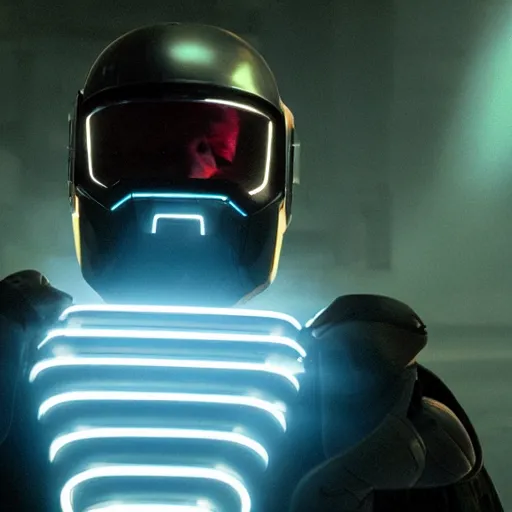 Image similar to movie still of a man with a glowing cyborg helmet, cinematic composition, cinematic light, by edgar wright and david lynch