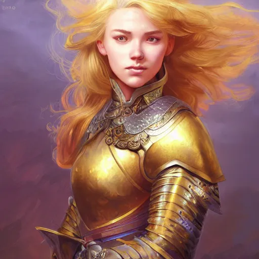 Prompt: Portrait of a young lady knight with blond hair wearing a golden armor with a sun symbol, fantasy, highly detailed, digital painting, artstation, concept art, illustration, art by Bayard Wu and Marc Simonetti