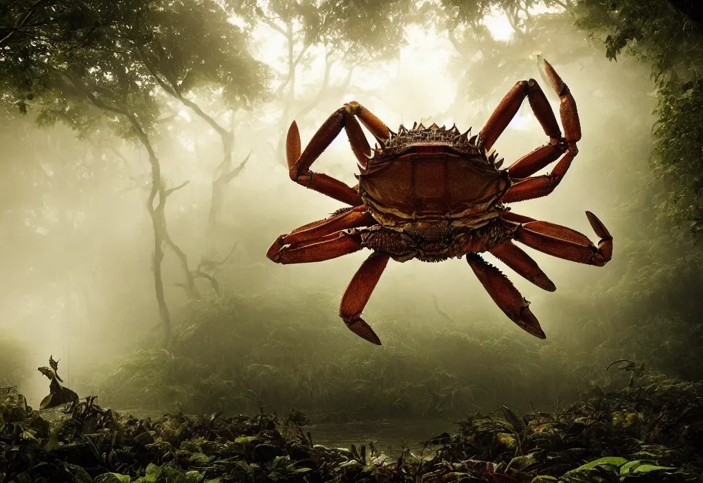 Image similar to an enormous giant crab king, in a jungle with ominous light from above, ambient light, fog, river, very poetic