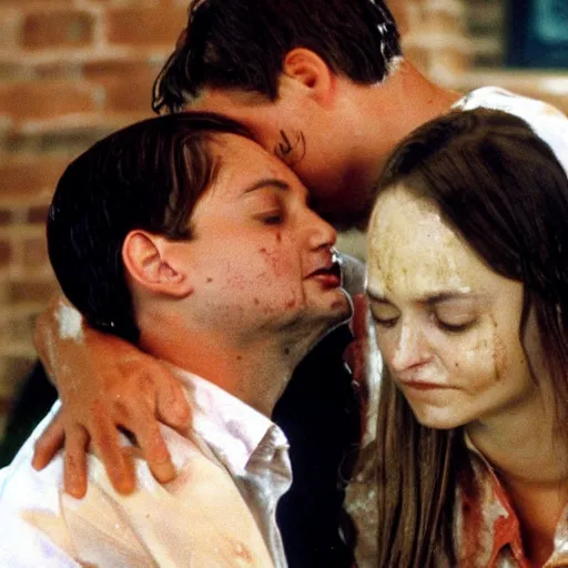 Prompt: tobey maguire kissing tobey maguire, kinda wet and sloppy, drooling, while eating messy greasy pizza