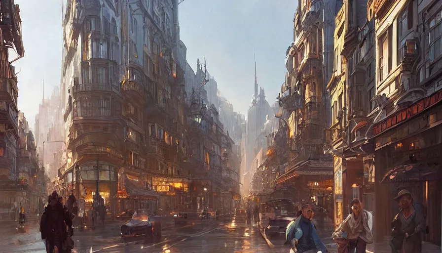 Prompt: Ultra realistic illustration of a beautiful modern city street, intricate, elegant, highly detailed, digital painting, artstation, concept art, smooth, sharp focus, illustration, art by artgerm and greg rutkowski and alphonse mucha