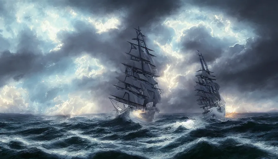 Image similar to ship from one piece sailing, dynamic sky, storm sky, with light piercing through stormy clouds, birds near the ship, rough sea, crepuscular rays, volumetric lighting, pixiv art, cgsociety, highly detailed, anime art, greg rutkowski, symmetrical, artgerm, wlop, anime art