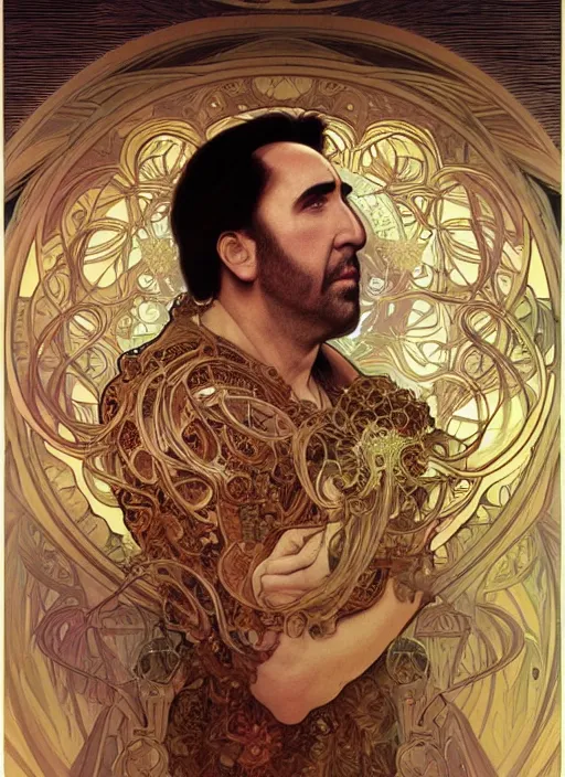 Prompt: Nicolas Cage as God of Beauty, brutal, fantasy, intricate, elegant, highly detailed, digital painting, 4k, HDR, concept art, smooth, sharp focus, illustration, art by alphonse mucha,artgerm, H R Giger