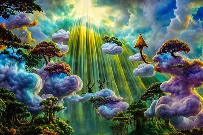 Image similar to a huge flock of many smooth puffy marvelous cloud sculptures with whirling ultra detailed gemstone crystal sculptures, art nouveau jungle environment, soothing, crepuscular rays, award winning art, epic dreamlike fantasy landscape, ultra realistic,