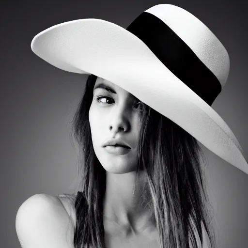 Image similar to black and white centered close-up of fashion model girl in wide white hat, hyperrealism