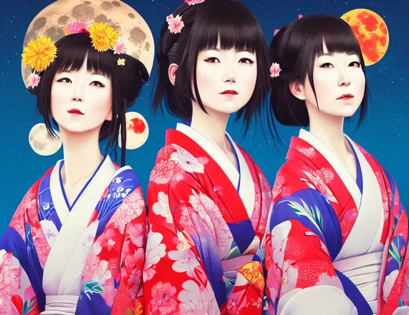 Image similar to two beautiful charming japan girls wear arty kimono in festival | | sunny night, full moon, dreamlike art, realistic shaded, smile, good looking, hyper details, 4 k realistic, cryengine, realistic shaded lighting poster by ilya kuvshinov, fuji choko, ross tran, 8 k resolution, trending on artstation, luxury