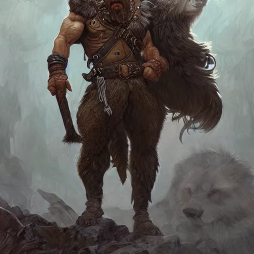 Prompt: portrait of a gruff ranger with wolf companion, muscular, upper body, hairy body, D&D, fantasy, intricate, elegant, highly detailed, digital painting, artstation, concept art, matte, sharp focus, illustration, art by Artgerm and Greg Rutkowski and Alphonse Mucha