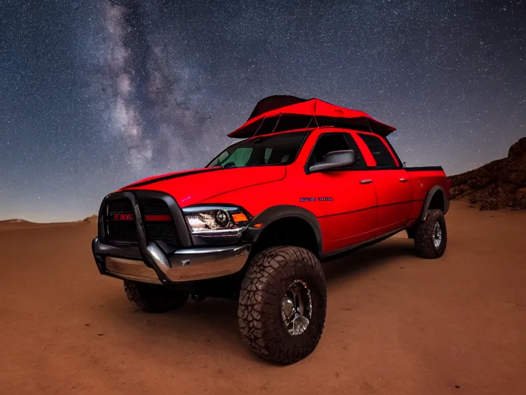 Image similar to dodge ram red power wagon with a roof top tent camping on dry lake night, long exposure, milky way, award winning, cinematic