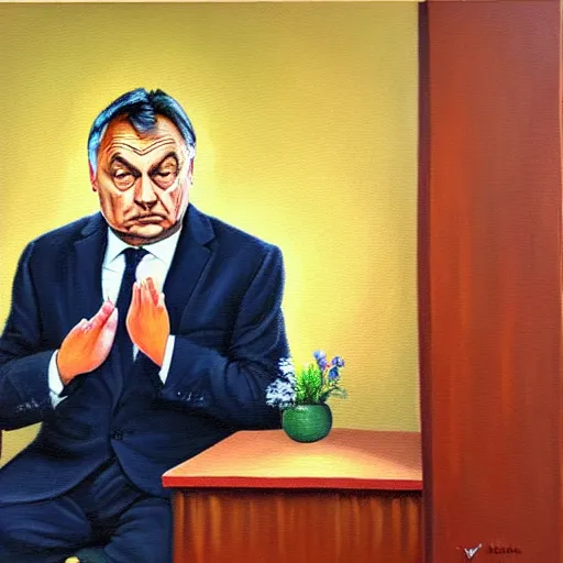 Image similar to viktor orban meditating in a cubicle, oil painting