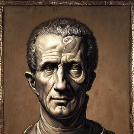 Image similar to A 17th century Baroque Painting of Julius Caesar, portrait of Julius Caesar, grainy, realistic, very realistic, hyperrealistic, highly detailed, very detailed, extremely detailed, very neat, very epic, very cool, detailed, trending on artstation