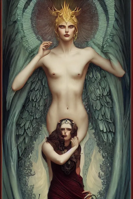 Prompt: Lucifer by Tom Bagshaw in the style of Gaston Bussière, art nouveau, art deco