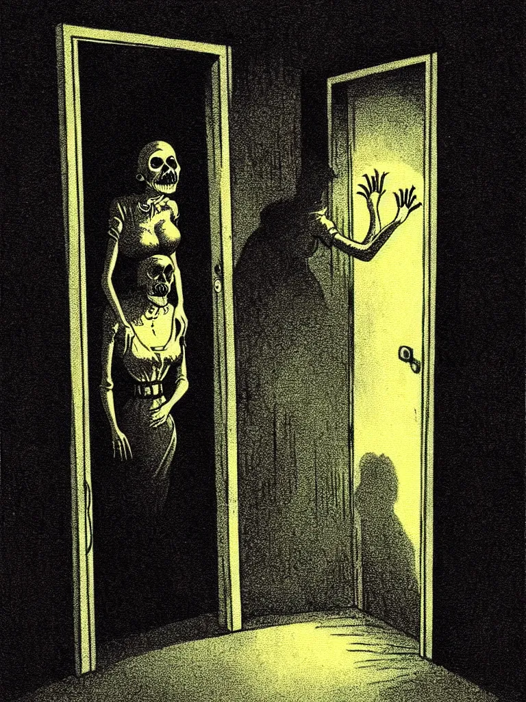 Prompt: Full Color Vintage Horror Illustration of a Woman Scared Looking in Door at Creature at night. Glowing , Spooky lighting , Pinterest