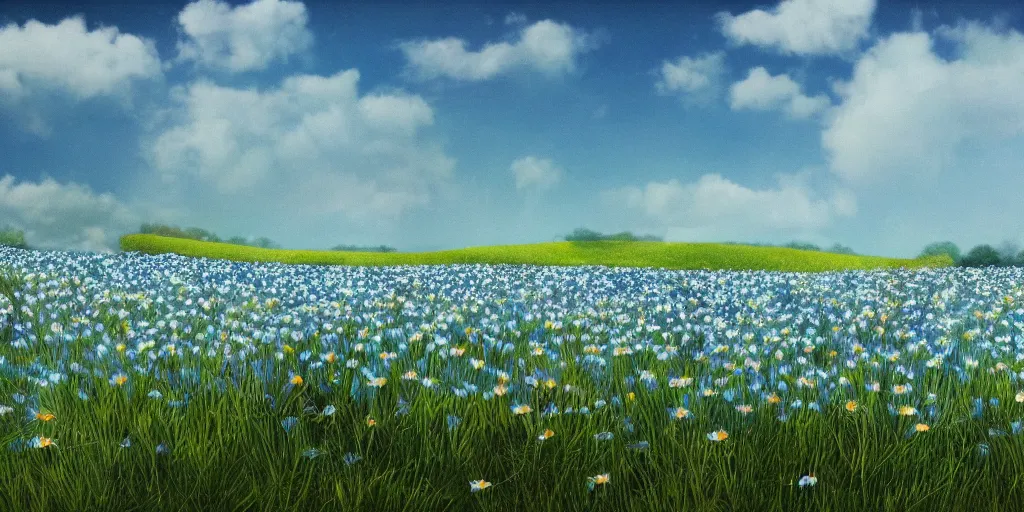 Prompt: field of light - blue daisies, white sky in background, matte painting