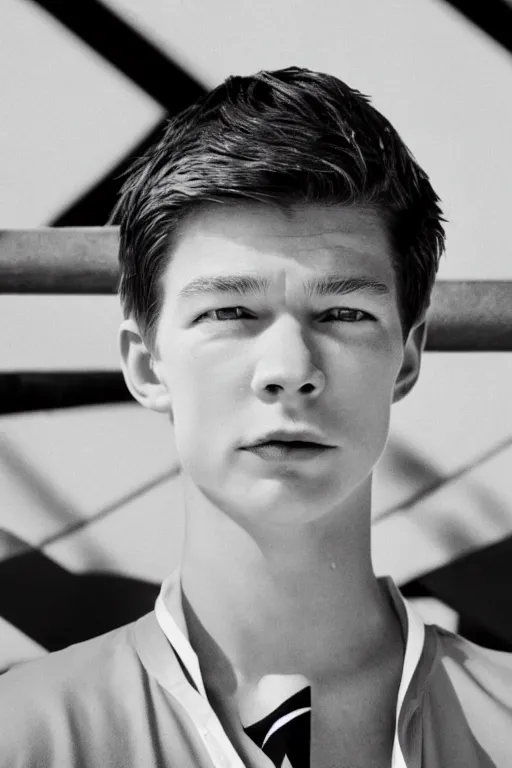 Image similar to close up still shot of jacob lofland standing on the diving board, summer olympics footage, 3 5 mm, highly detailed, color photo, cinematic lighting, symmetrical, center