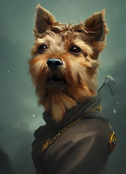 Image similar to norwich terrier as an wizard, backround dark, highly detailed, digital illustration, trending in artstation, modern painting, smooth, sharp focus, intricate, by peter mohrbacher