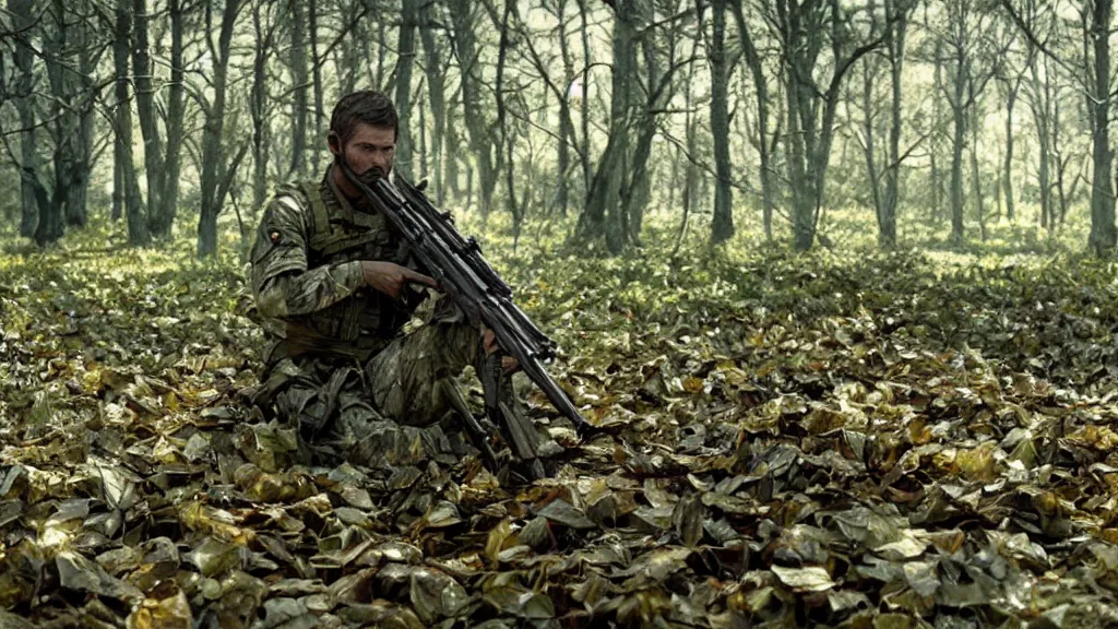 Image similar to a soldier with a rifle in tarkov made of leaves and twigs hiding in a tree, film still from the movie directed by Denis Villeneuve with art direction by Salvador Dalí, wide lens