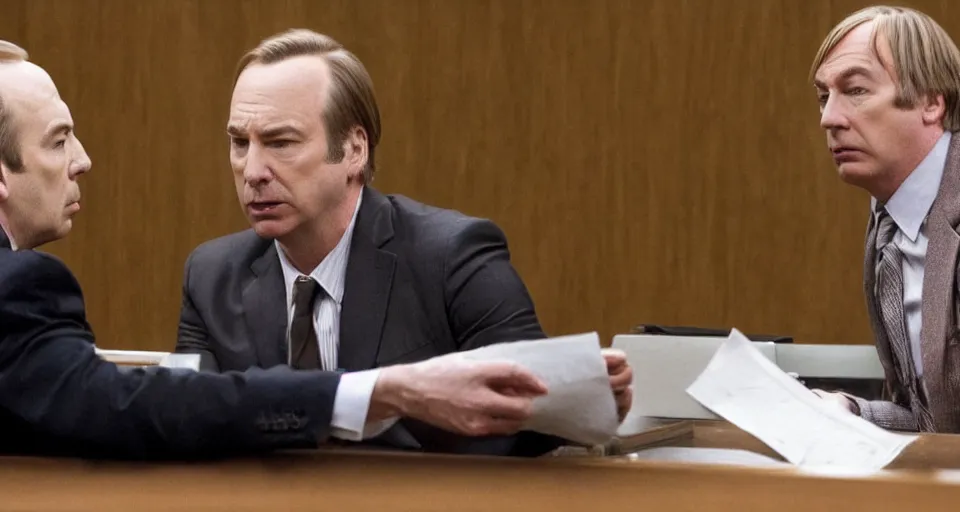 Image similar to bob odenkirk intensely arguing with michael mckean in court, still from better call saul