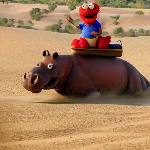 Prompt: Elmo riding a hippo through a desert landscape