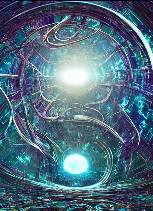 Image similar to the machine universe encounters a living cosmos inside an asymmetric orthogonal non - euclidean upside down inside out world with an infinite cosmic spiral waterfall of living information, inspired by android jones, hyperrealistic, digital art, futuristic sci - fi concept art, rendered in cinema 4 d, cryengine 4 k