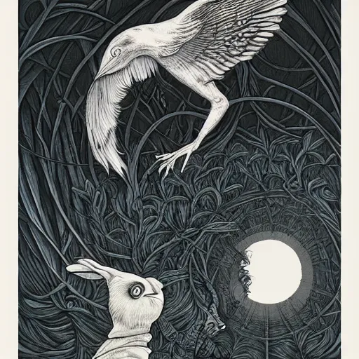 Image similar to white crow bringing rabbit leg to a witch by Android Jones and M. C. Escher collaboration, futurist, digital art, dramatic lighting