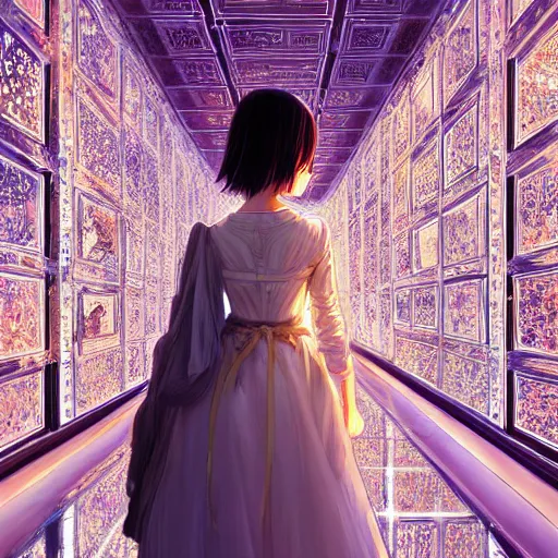 Image similar to beautiful girl in intricate clothing walking through a hallway of reflective mirrors, reflections, very high intricate details, painting, digital anime art, medium shot, mid - shot, wlop, ilya kuvshinov, artgerm, krenz cushart, greg rutkowski, sana takeda