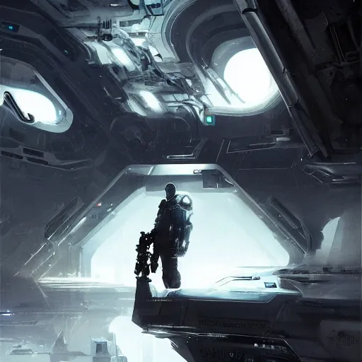 Image similar to scifi art by Greg Rutkowski, a man wearing futuristic tactical gear, colored in white and black, claustrophobic and futuristic environment, detailed and intricate environment, high technology, highly detailed portrait, digital painting, artstation, concept art, smooth, sharp foccus ilustration, Artstation HQ