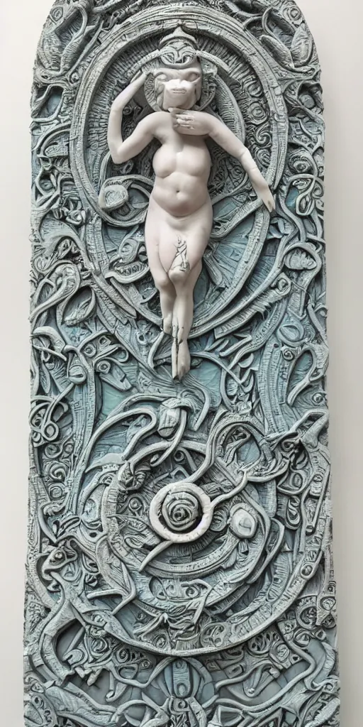 Image similar to intricate colourfully painted carved Soapstone relief paneling, white and pale blue , celestial, piggy, pig goddess, mother earth, Earth Goddess mythology, Gaia, angels, divinity, Ghostly, crystaline celtic, insanly detailed , artstation, wallpaper, hyper realistic, realistic lighting