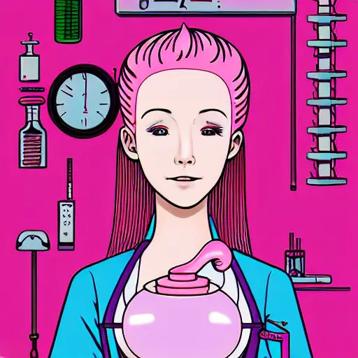 Image similar to realistic retro colored illustration of princess bubblegum by junji ito, with pink hair made of bubblegum, confident scientist performing experiments in her lab, dark retro pulp sci - fi