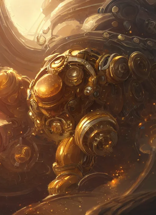 Prompt: a highly detailed illustration of gentle colossal golden mechanical gear giant, with cute doting eyes, intricate, elegant, highly detailed, centered, digital painting, artstation, concept art, smooth, sharp focus, league of legends concept art, wlop.