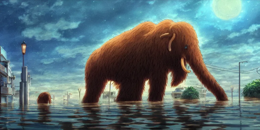 Prompt: a realistic cell - shaded studio ghibli concept art from paprika ( 2 0 0 6 ) of a giant wooly mammoth in a flooded futurist city on a misty starry night. very dull colors, wide shot, hd, 4 k, hq
